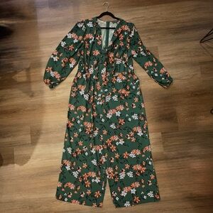 ELOQUII Floral Green Jumpsuit with Tie Front, Pockets, Size 20, Balloon Sleeve